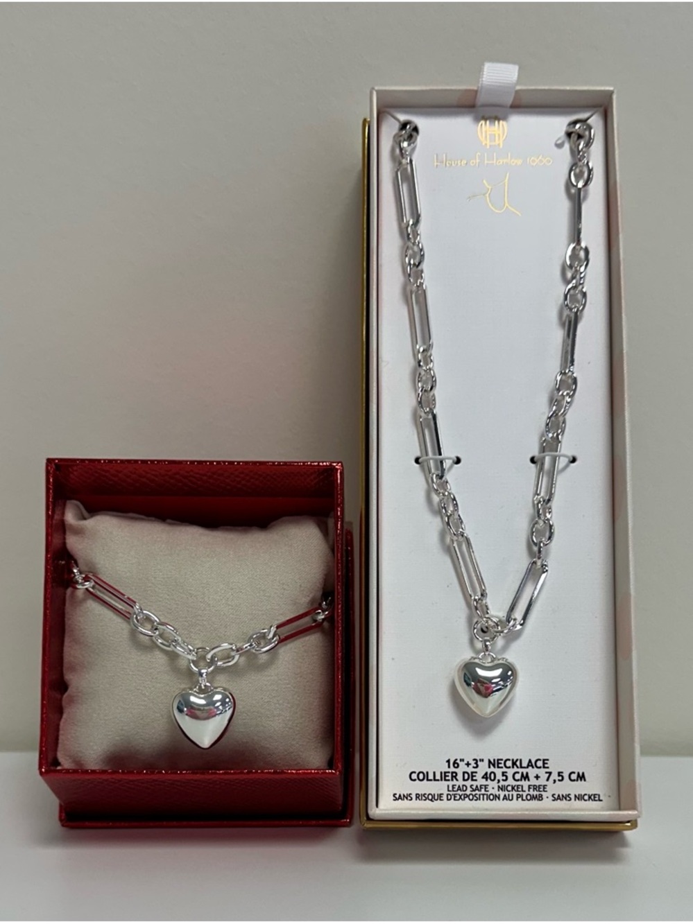NWT House of Harlow 1960 Silver-Tone Heart Charm Chain Necklace & Bracelet Set